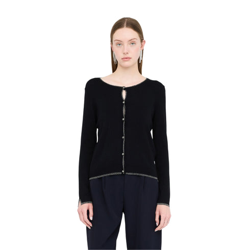Cardigan Donna in misto viscosa a tinta unita, dettaglio in lurex sui bordi